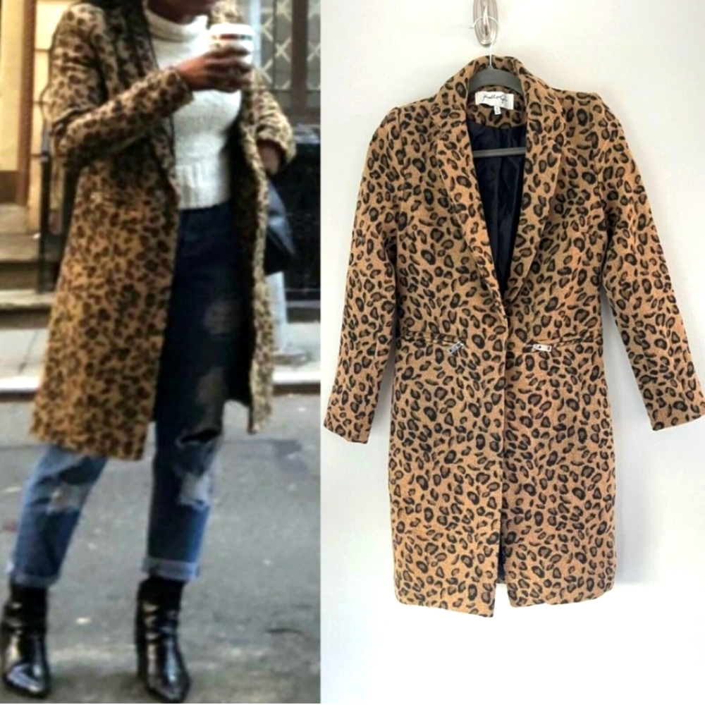 Kendall + Kylie Long Leopard Print Coat Zipper Pockets Size Small